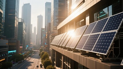 Solar Panels on Urban Building Facade with Cityscape Background