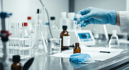 A scientist in a laboratory using a pipette to transfer blue liquid into a beaker