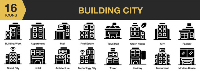 Building City solid icon set. Includes skyscraper, landscape, street, construction, town, and More. Solid icons vector collection.