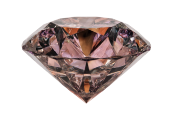 Close-up of a multifaceted, pinkish-purple diamond.  Its facets catch and reflect light, showcasing its brilliance and cut