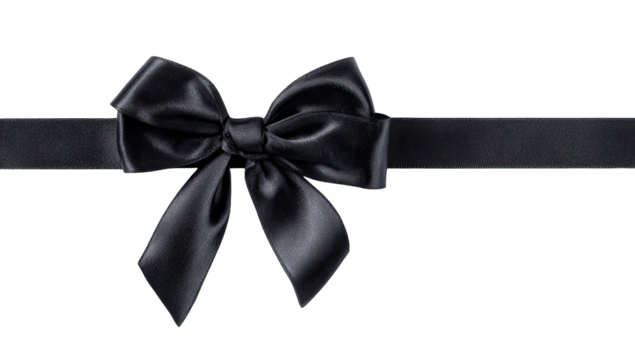 Dark black satin ribbon bow, centered on a wide black ribbon
