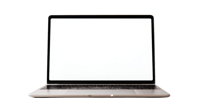 Laptop with blank screen, ideal for mockups or presentations, isolated on white background.