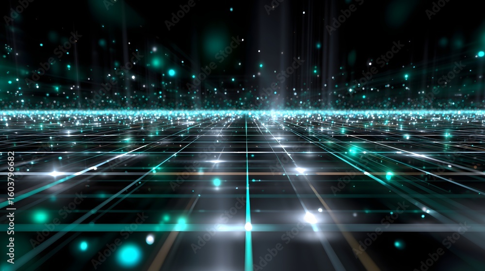 Aufkleber a glowing 3d neural network grid with emerald green and teal nodes converging to vanishing point. fl