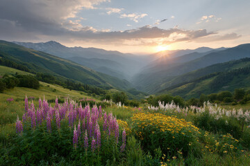 breathtaking view of colorful wildflower meadows illuminated by warm glow of sunset