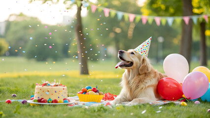 Golden retriever wearing party hat celebrates birthday with cake and balloons in the park