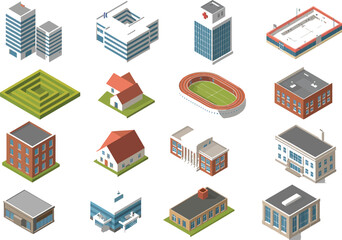 Set of isometric vector building icons for city and architecture design