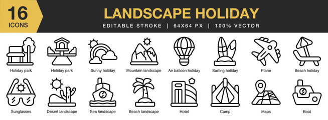 Landscape Holiday icon set. Editable Stroke Icon Collection. Includes landscape, holiday, nature, travel, sky, and More. Outline icons vector collection.