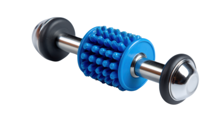 Massage roller with blue spikes, designed for muscle relief, isolated on a white background.