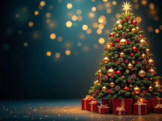 Vibrant and Colorful Christmas Tree Decorated with Multicolored Ornaments, Pinecones, and Glowing Lights for Festive Seasonal Celebrations, Ideal for Holiday Marketing and Greeting Designs