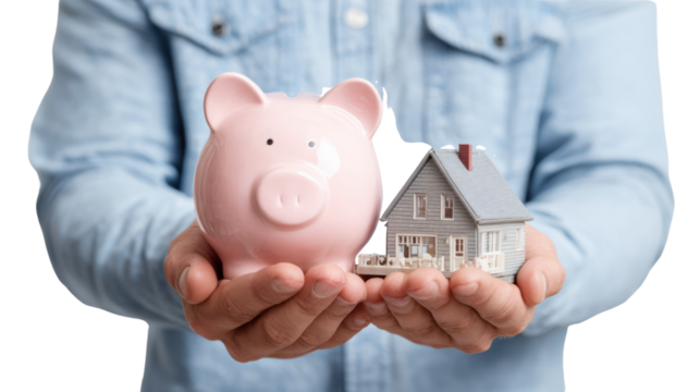 Man holding a piggy bank and a small house model, symbolizing saving for a home, white isolated background.