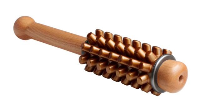Massage roller with wooden handle, isolated on a white background.