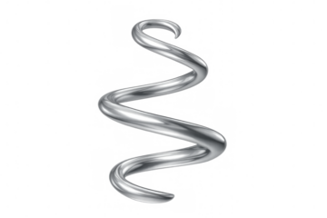 Rotating silver metallic spiral shape floating on a transparent background, ideal for technology, science, or abstract concepts