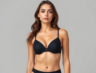 Young woman with elegant features and fair skin, naturally posing in a delicate bra, embodying soft femininity, grace, and modern beauty in a serene, intimate portrait