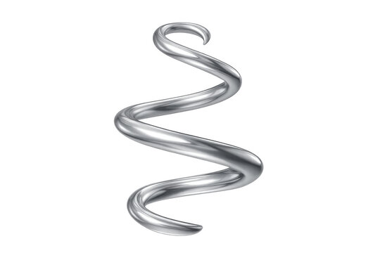 Rotating silver metallic spiral shape floating on a transparent background, ideal for technology, science, or abstract concepts