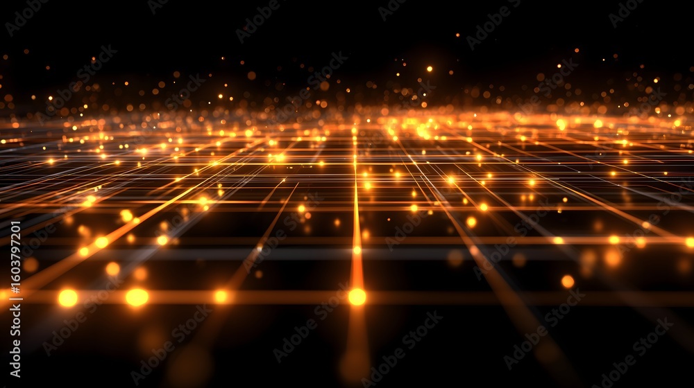 Aufkleber a futuristic 3d neural network grid with glowing amber nodes and vanishing point perspective against