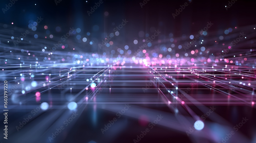 Poster ultra-detailed 3d neural network grid with glowing blue and magenta nodes extending to vanishing poi