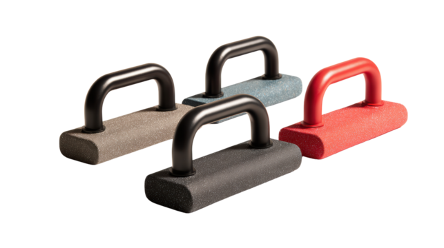 Multi-colored workout push-up bars on isolated background for fitness training and exercise.