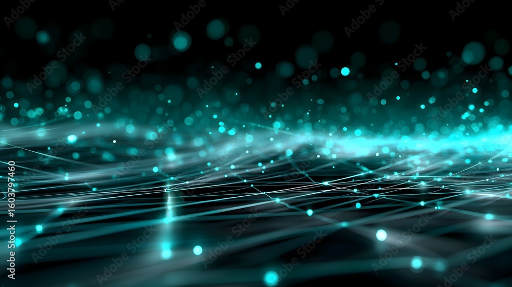 Aufkleber a complex 3d network grid with glowing teal and emerald nodes connected by fine lines, light particl
