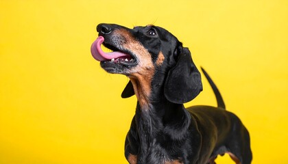 A dachshund with its tongue out, against a vibrant yellow background