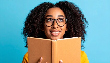African American woman reading book and looking upward with glasses, conveying inspiration, education, and happy learning.
