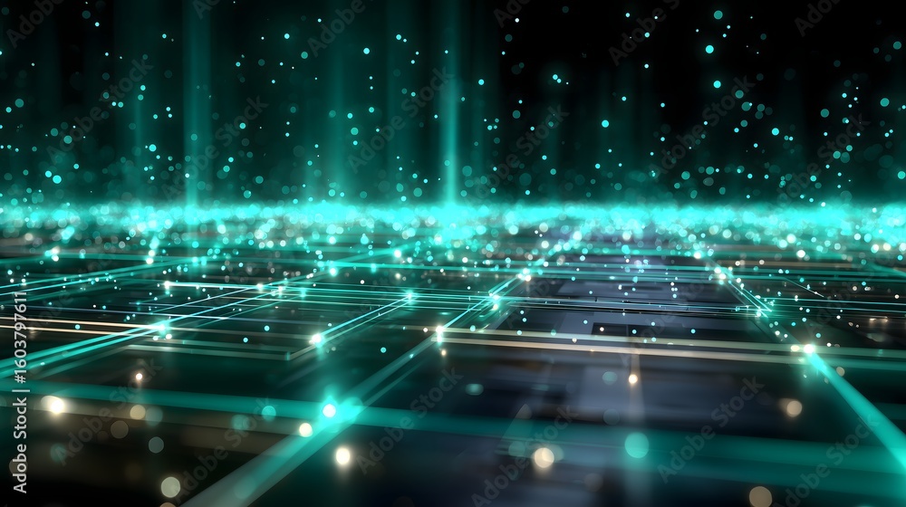 Aufkleber a futuristic abstract 3d network grid with glowing emerald green and teal nodes, floating light part