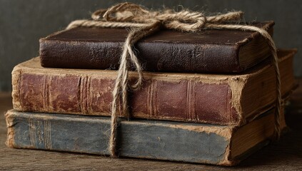 Stack of aged leather-bound books tied with twine