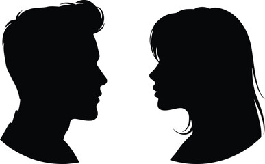 Silhouette of man and woman face in profile view, black vector illustration, couple avatar icons, side head flat graphic design