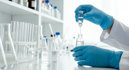 A chemist in a lab coat and gloves conducting an experiment with chemical flasks and beakers