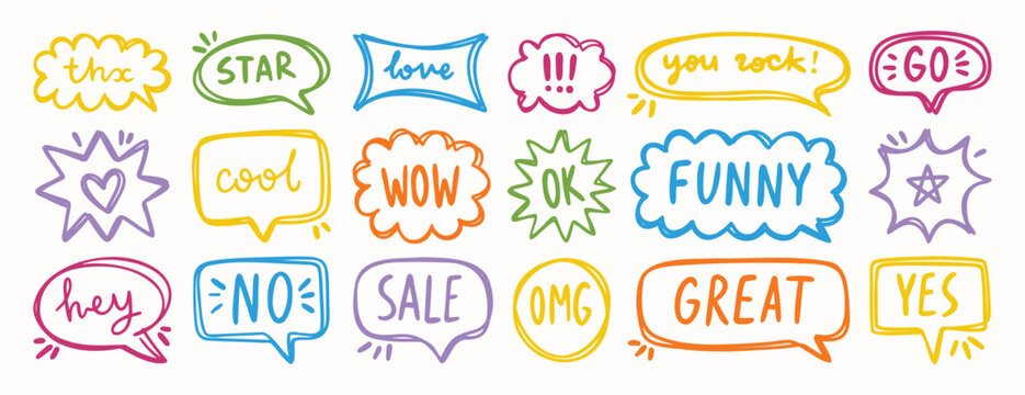 Bright hand drawn speech bubbles with short fun messages, decorative elements for design