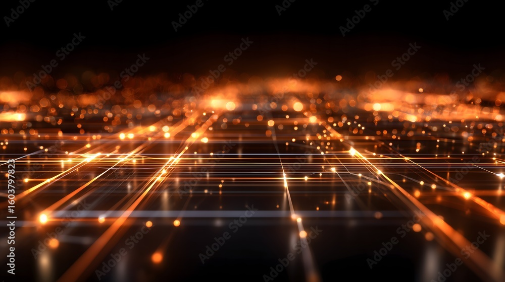Poster a 3d neural network grid with glowing orange and amber nodes connected by fine lines. warm light par