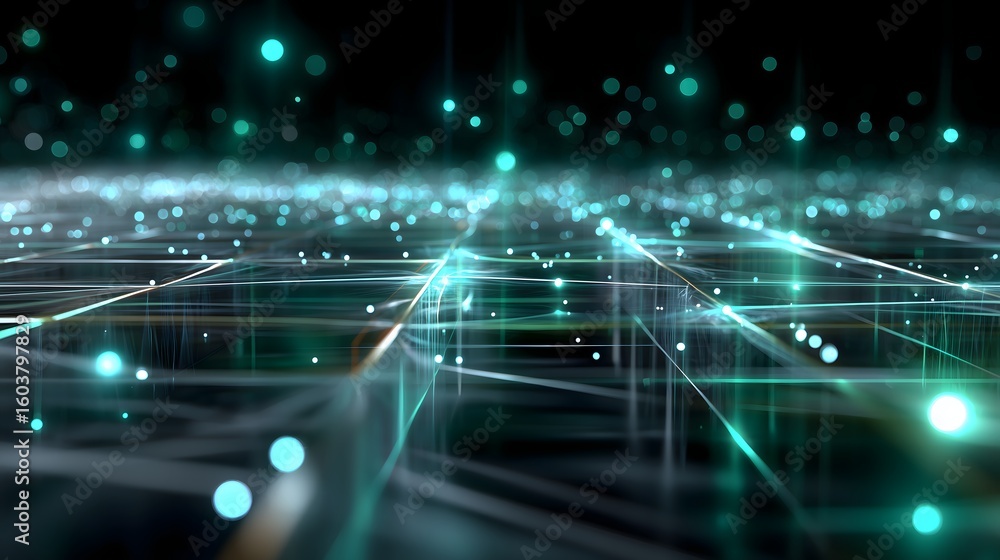 Aufkleber a futuristic abstract 3d grid network with glowing emerald green and teal nodes, floating light part