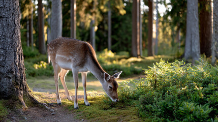 Fallow Deer Grazing in a Forest at Sunset in Summer