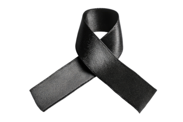 A black ribbon, symbolic of mourning or remembrance,  is shown in a simple, centered, close-up view.  Smooth, dark ribbon