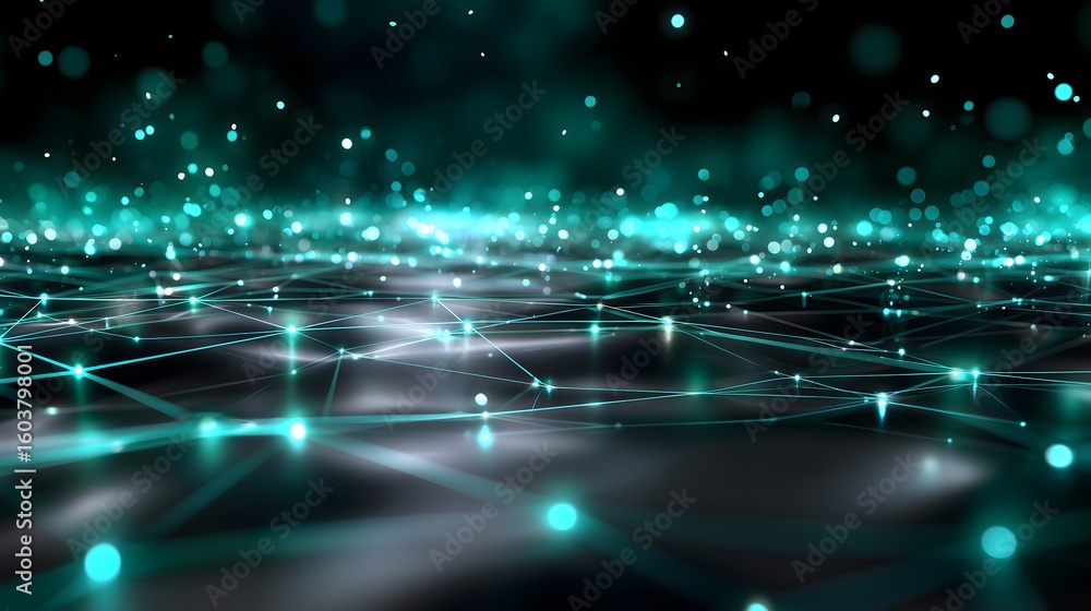 Aufkleber a detailed digital neural network grid with glowing emerald green and teal nodes connected by lumino