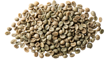 Raw green coffee beans on white isolated background.