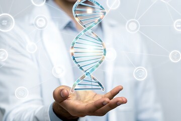 Doctor showcasing a luminous dna helix representing advances in genetic science and medical research with digital connections