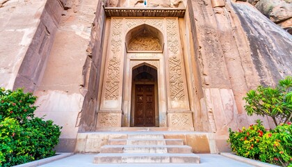 Ancient stone doorway carved into a cliff face, with ornate detail