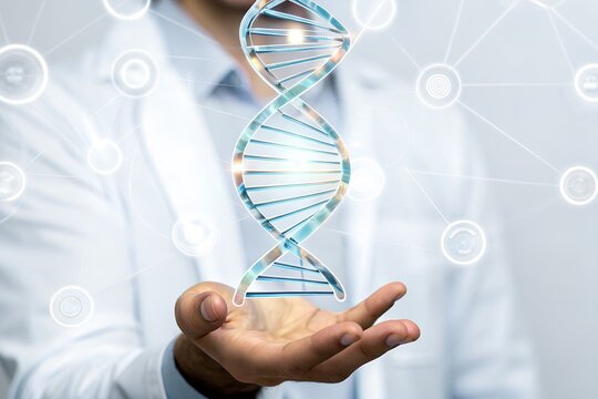 Doctor showcasing a luminous dna helix representing advances in genetic science and medical research with digital connections - Powered by Adobe