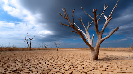 Arid Landscape with Cracked Earth and Barren Tree Against Dramatic Sky