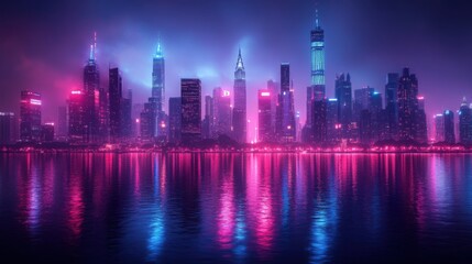 Fototapeta premium Vibrant night cityscape showcases skyscrapers and neon lights reflecting in a river, evoking a captivating cyberpunk atmosphere