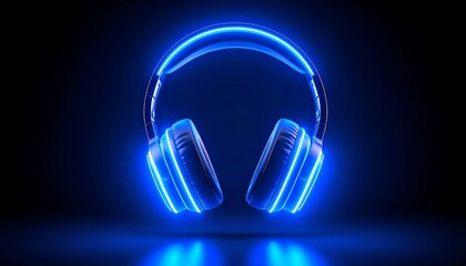Neon Blue Headphones with Dark Background.