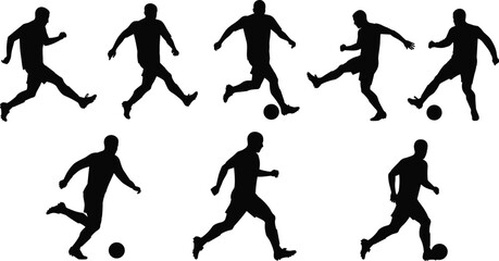 Silhouettes of soccer players in various kicking and dribbling poses, perfect for sports-themed illustrations and designs.