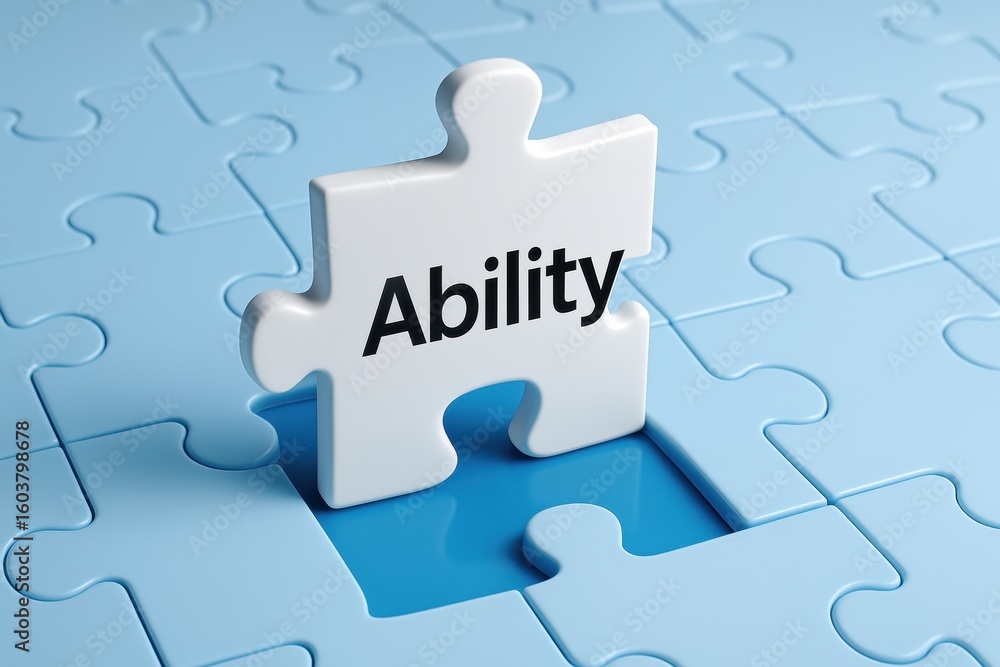 Poster ability puzzle piece: a single puzzle piece labeled ability perfectly fits into an empty space, symb