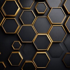 Abstract background of overlapping black hexagons with gold edges, creating a textured, geometric pattern