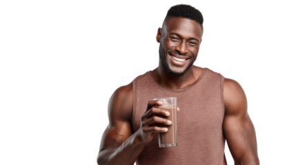 Smiling man holding a glass of chocolate drink, isolated on white background.