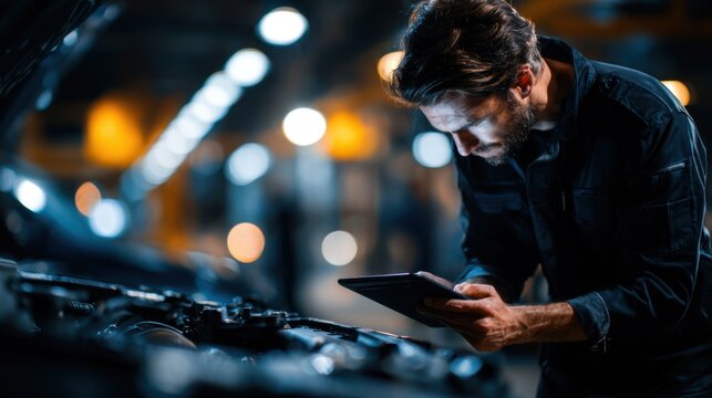 Mechanic Conducting Diagnostic Inspection with iPad in Workshop