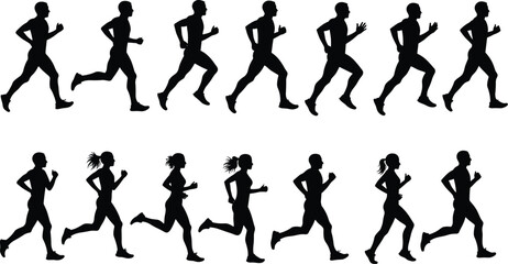 Silhouettes of running men and women in various sprinting and jogging poses, isolated for design elements and compositions.