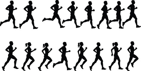 Silhouettes of running men and women in various sprinting and jogging poses, isolated for design elements and compositions.