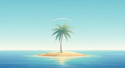 Fototapeta premium Minimalist Tropical Island Scene with Palm Tree and Calm Water