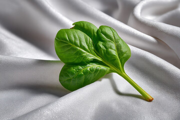 Fresh Spinach Leaf on Silver Satin Fabric Still Life Close Up